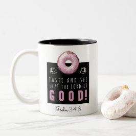 Kute Bijbel Verse Psalm 34:8 met Roze Doughnut Tweekleurige Koffiemok
