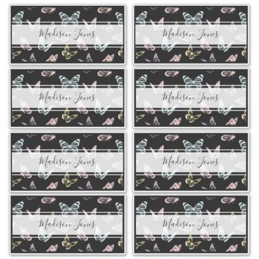 Kute Black Butterfly Pattern Kinder Name School Bo Sticker (Voorkant)