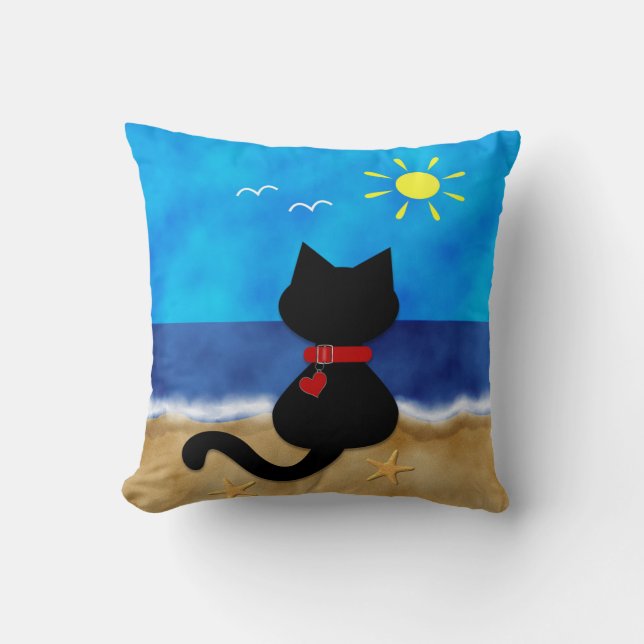 Kute Black Cat Summer Ocean Beach Thema Kussen (Voorkant)