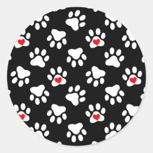 Kute Black en White Dog Paws met hartspatroon Ronde Sticker