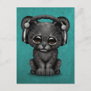 Kute Black Panther Cub Dj met hoofdtelefoon Blauw Briefkaart