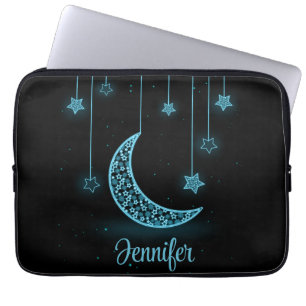 Kute blauwe gloeiende maan en hangende sterren laptop sleeve