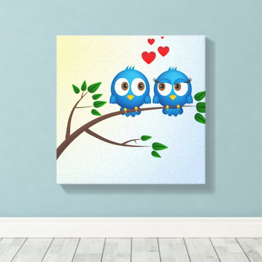 Kute blauwe vogels in de cartoon canvas afdruk (Insitu (Houten vloer))