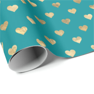 Kute Blauwgroen Gold Hearts Pattern Wrapping Paper Cadeaupapier