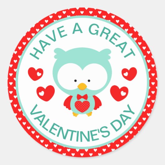 Kute Blauwgroen Owl en Hearts Valentijnsdag Ronde Sticker (Voorkant)