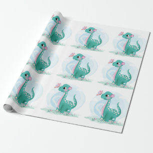 Kute Blauwgroen Roze Dinosaur Butterfly Girl Baby  Cadeaupapier