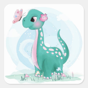 Kute Blauwgroen Roze Dinosaur Butterfly Girl Baby Vierkante Sticker