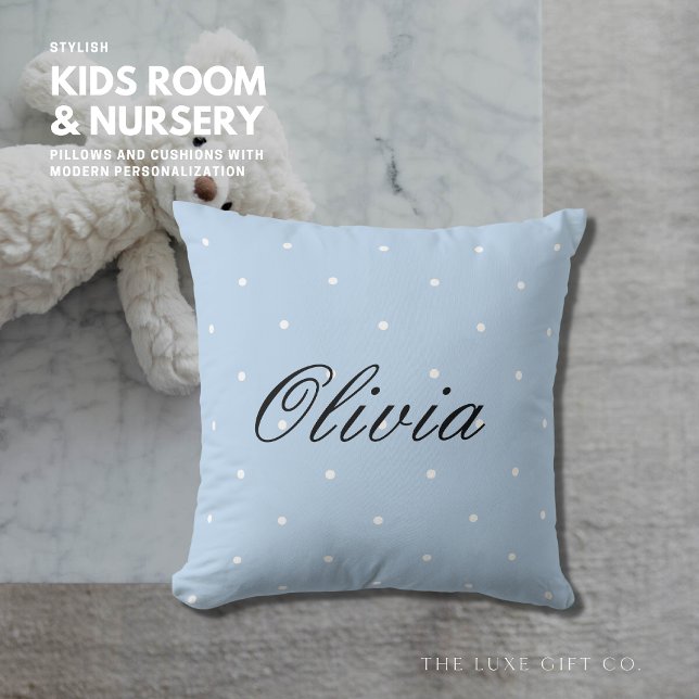 Kute Bleek Blue Polka Dot Script Name Pillow Kussen (Creator heeft geüpload)