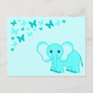 Kute Blue Baby Elephant and Butterflies Briefkaart