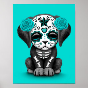 Kute Blue Day of the Dead Puppy Dog Poster
