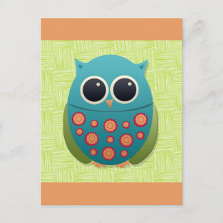 Kute Blue en Green Owl met rode en gele ventilator Briefkaart