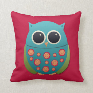Kute Blue en Green Owl op Red Pillow Kussen