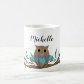 Kute Blue Heart Owl on Branch Personalized Koffiemok (Center)