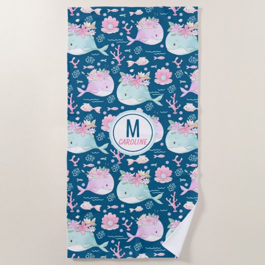 Kute Blue Pink Floral Monogram Beach Handdoeken (Voorkant)
