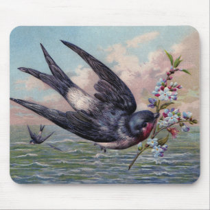 Kute Blue Red Swallow Bird en  Flowers Muismat
