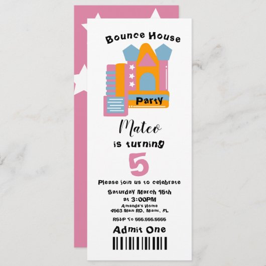 Kute Bounce House Birthday Ticket Style Uitnodigin Kaart (Voorkant / Achterkant)