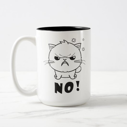 Kute boze kat die Neen sisseert. Tweekleurige Koffiemok (Links)