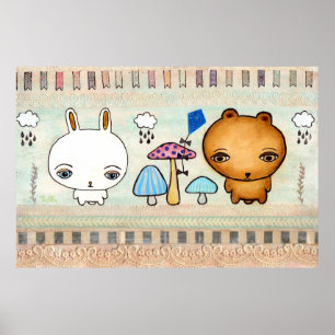Kute Bunny & Beer gemengde media print Poster