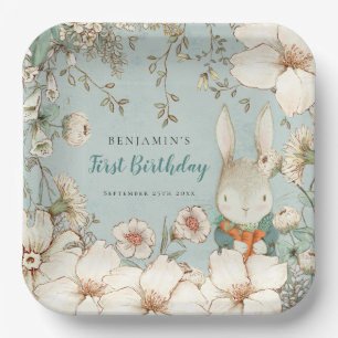 Kute Bunny Botanical Powder Blue First Birthday Papieren Bordje