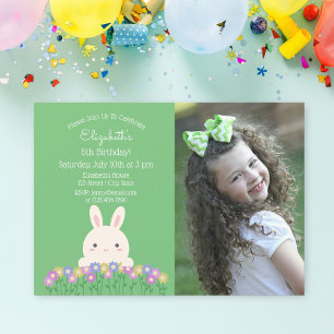 Kute Bunny & Flower Sage Green Kids Birthday Foto Kaart