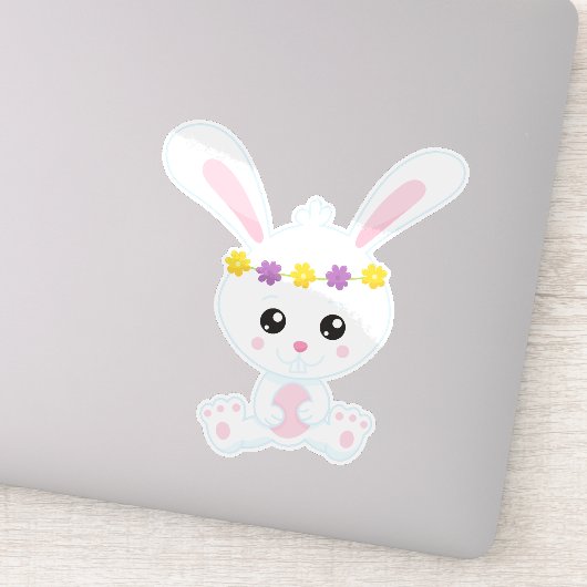 Kute Bunny, Little Bunny, White Bunny, Flowers Sticker (Detail)