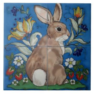 Kute Bunny Rabbit Blue Spring Floral Easter Trivet Tegeltje