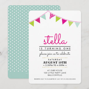 KUTE BUNTING 1ST verjaardagspartij INVITE roze mun Kaart