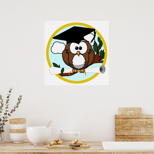 Kute Cartoon Afstuderen Owl with Pet & diploma Poster (Keuken)