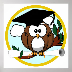 Kute Cartoon Afstuderen Owl with Pet & diploma Poster
