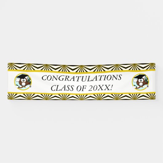 Kute Cartoon Afstuderen Owl with Pet & diploma Spandoek (Horizontaal)