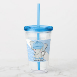 Kute cartoon baby olifant op een blauwe witte polk acryl drinkbeker