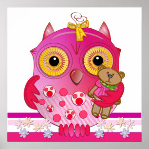 Kute Cartoon Baby Owl poster met Beer