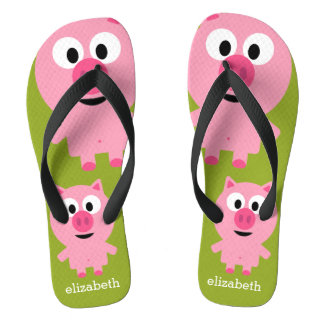 Kute Cartoon Boerderij Pig. - Roze en kalkgroen Teenslippers