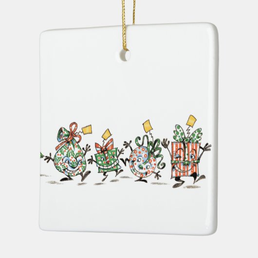 Kute Cartoon dansende kerstcadeautjes en bomen Keramisch Ornament (Links)