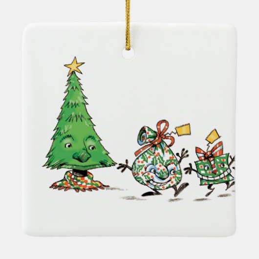 Kute Cartoon dansende kerstcadeautjes en bomen Keramisch Ornament (Achterkant)