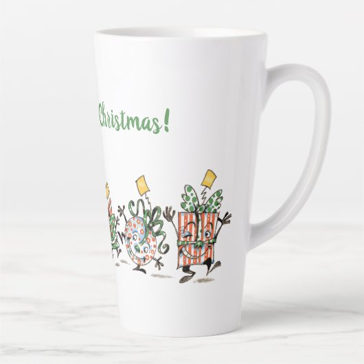 Kute Cartoon dansende kerstcadeautjes en bomen Latte Mok (Rechts)