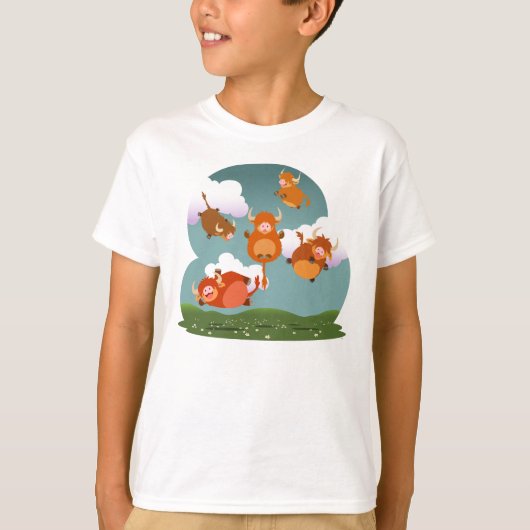 Kute Cartoon drijvende hooglandkoeien Kinder T-shi T-shirt (Voorkant)