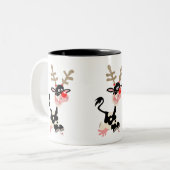 Kute Cartoon Koe Masquerading as Reindeer Tweekleurige Koffiemok (Voorkant links)