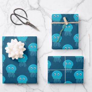 Kute Cartoon kwal Pattern in Blue Ocean Inpakpapier Vel