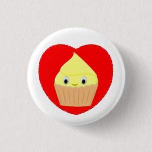 Kute Cartoon Lemon Cupcake in Red Heart Button