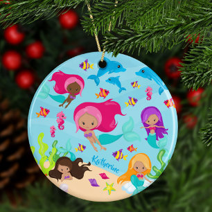 Kute Cartoon Mermaid Girl onder het Zee Kerstmis Keramisch Ornament