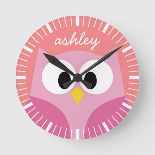 Kute Cartoon Owl in roze en koraal Ronde Klok