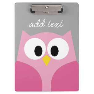 Kute Cartoon Owl - Roze en grijze aangepaste naam Klembord