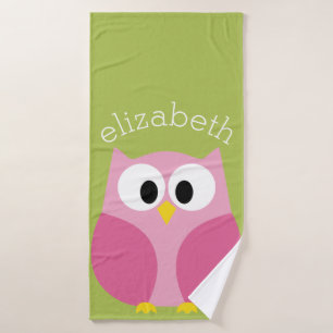Kute Cartoon Owl - Roze en kalkgroen Badhanddoek