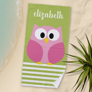 Kute Cartoon Owl - Roze en kalkgroen Strandlaken