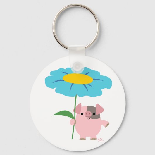 Kute Cartoon pig met Gift (blauw) Sleutelhanger (Voorkant)