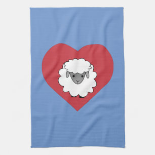 Kute Cartoon Sheep met hart op achtergrond Theedoek