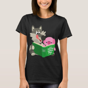 Kute Cartoon Varken en Wolf Leesende Vrouwen T-Shi T-shirt