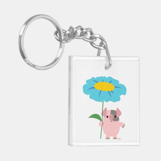 Kute Cartoon varken met Gift (blauw) acrylSleutelh Sleutelhanger (Voorkant Links)