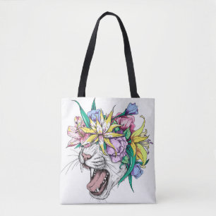 Kute cartoon wilde kattenkop in een florale poot. draagtas